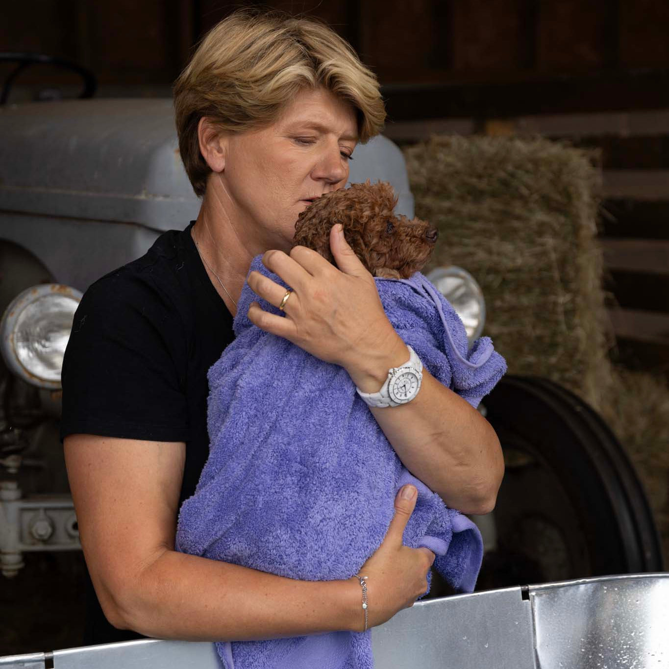 A woman in a black shirt holds a brown dog wrapped in a purple towel in a barn setting.