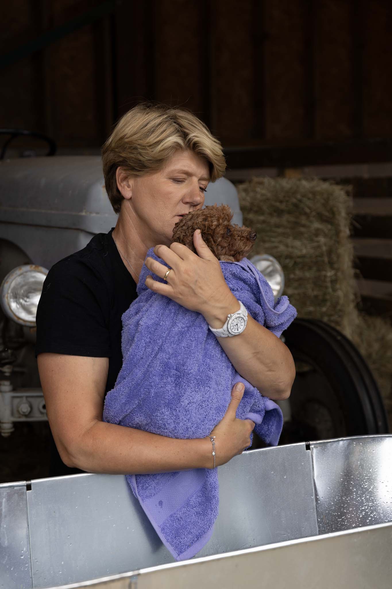 A woman in a black shirt holds a brown dog wrapped in a purple towel in a barn setting.