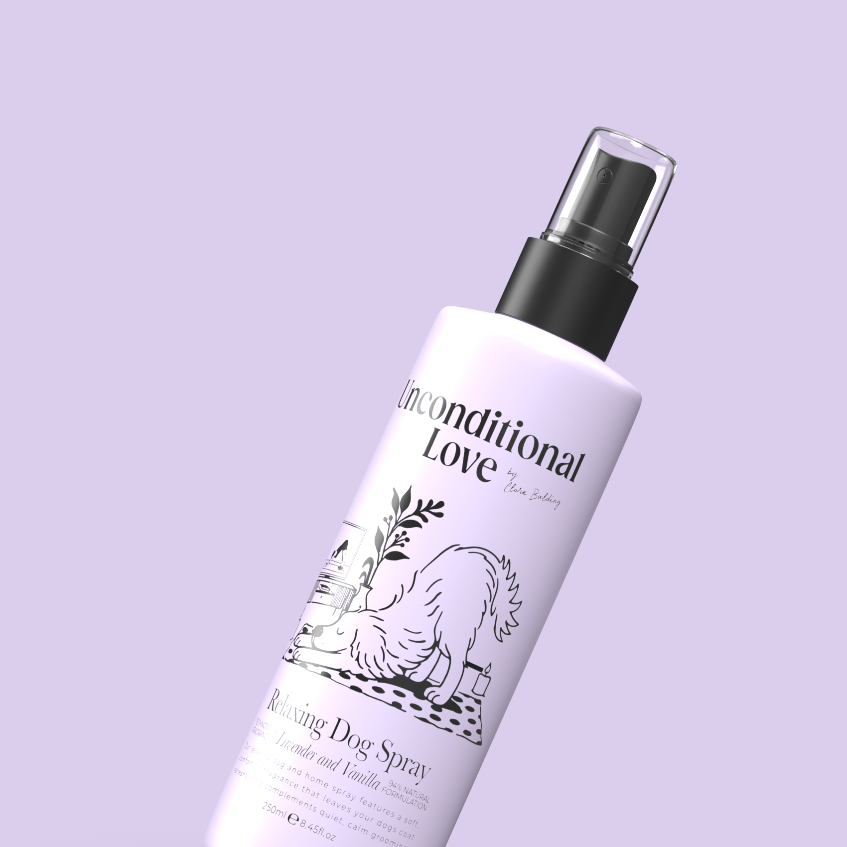 A bottle of 'The Conditional Love' Missing Dog Spray with a black spray nozzle and white label, set against a solid lavender background.